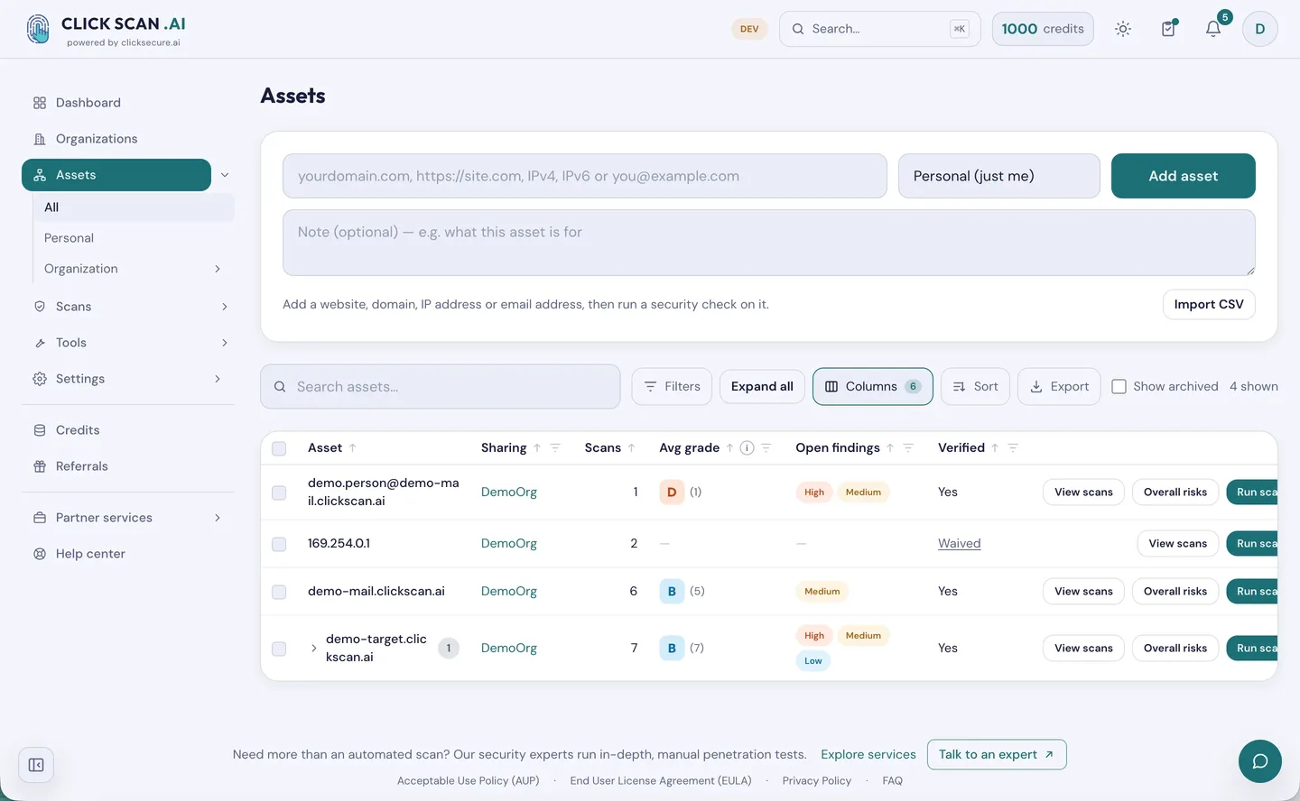 The assets list: every asset carries the client organization it belongs to, its average grade and whether ownership has been proven